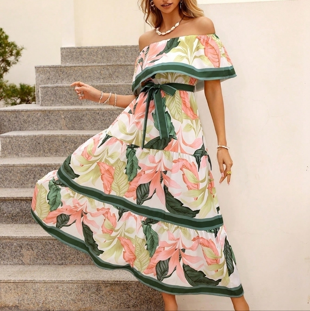 Color Block Striped Plant Printed Off Shoulder Dress - Picture 7 of 7